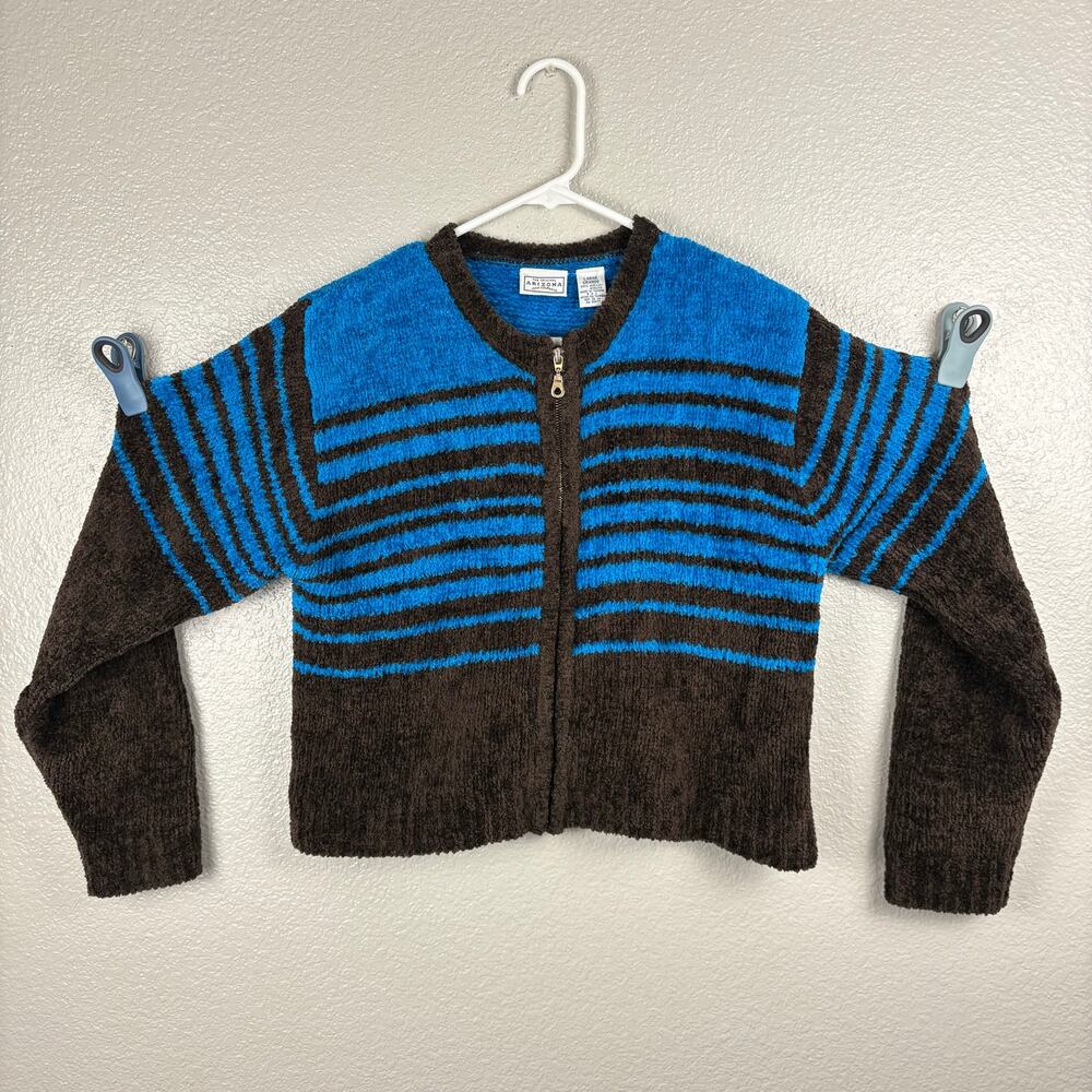 Size Large Arizona Jean Company Blue Brown Cropped Zip Striped Cardigan Sweater